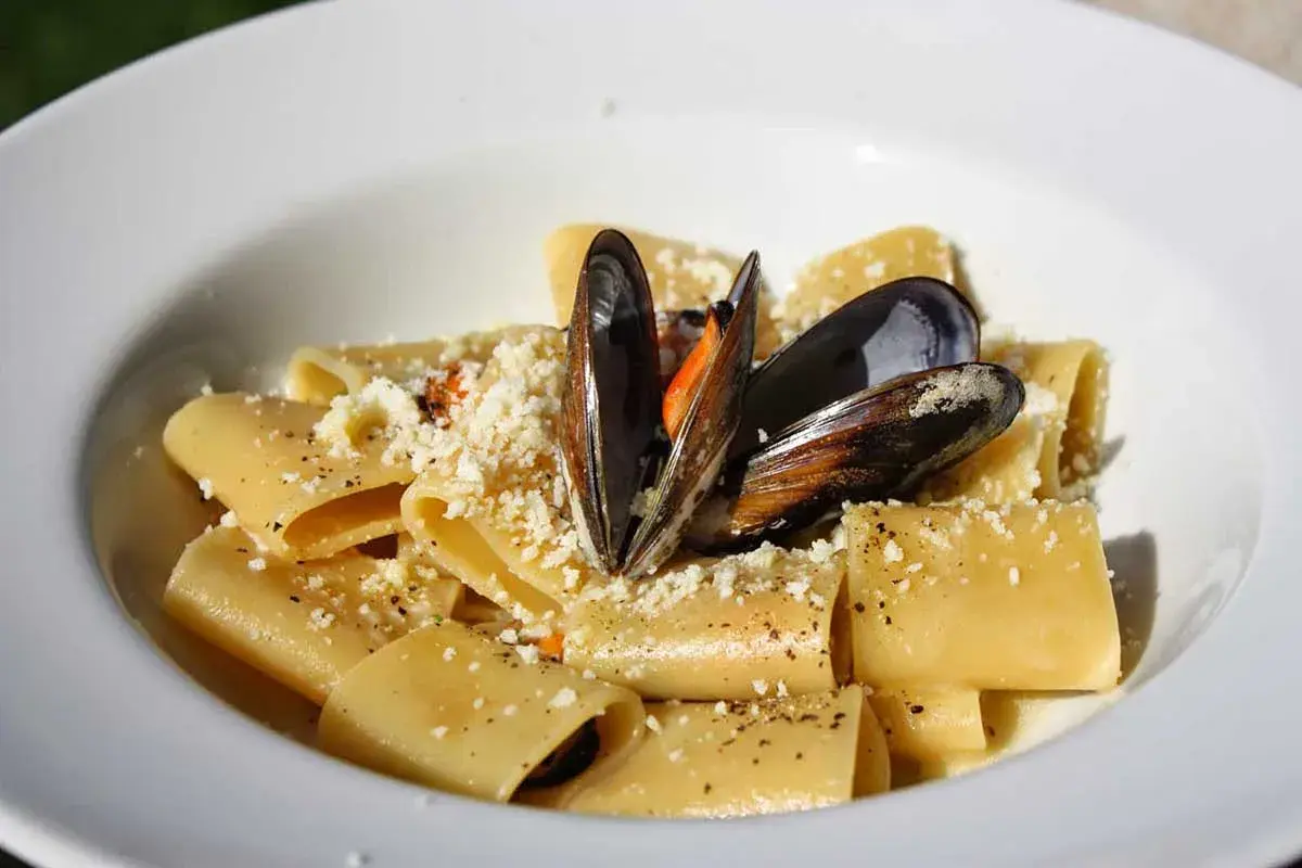 Paccheri con cozze e pecorino, un piatto di pasta saporito e invitante, guarnito con cozze fresche e formaggio grattugiato.