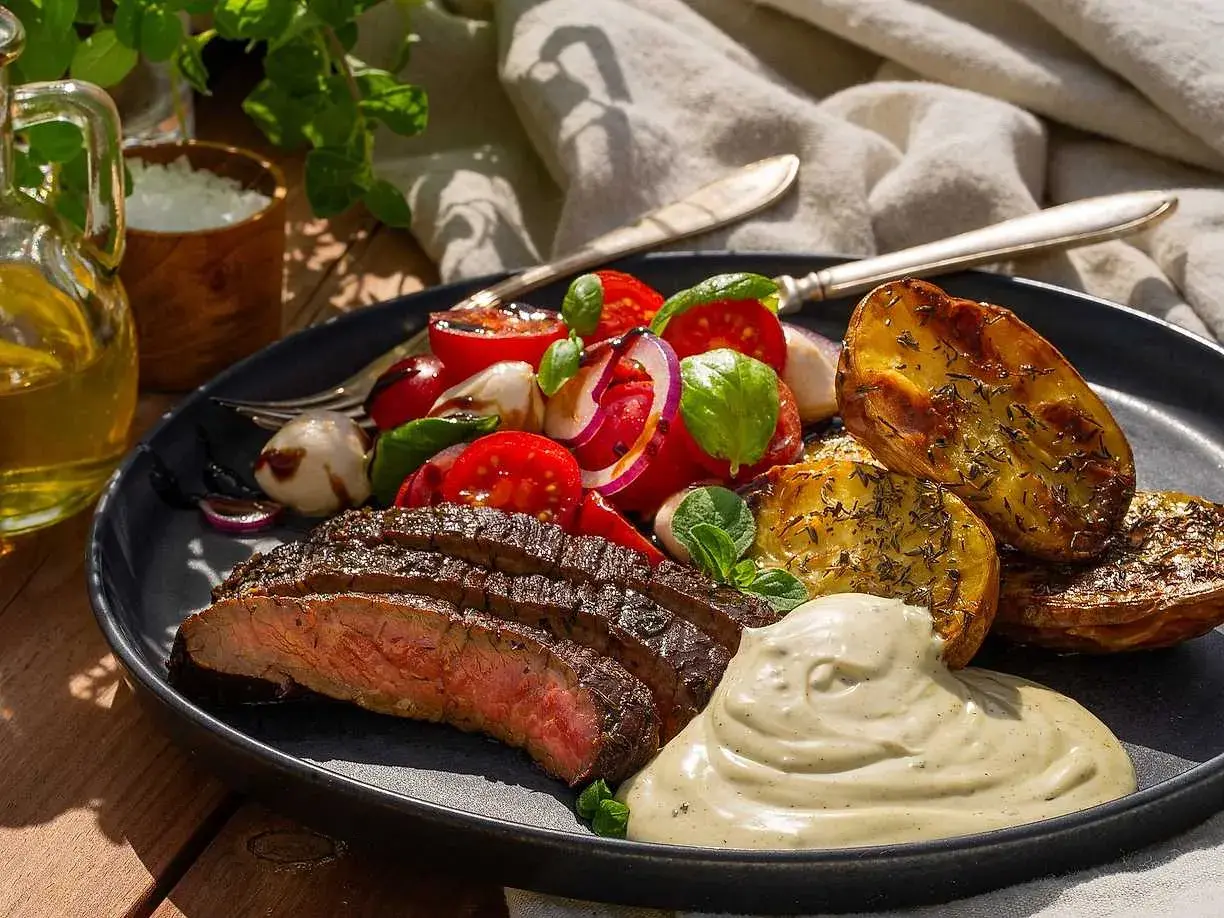 Perfekt stekt flankstek med klyftpotatis, tomatsallad och en krämig sås. En härlig måltid att njuta av utomhus.