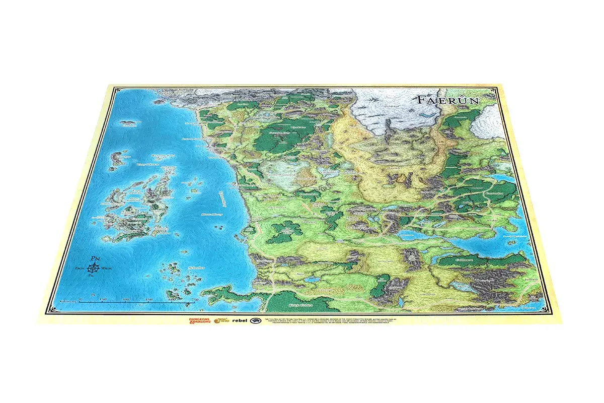 Mapa Faerûnu, krainy z zapomnianych światów, z wyspami, morzem i lądami pełnymi zieleni i gór.