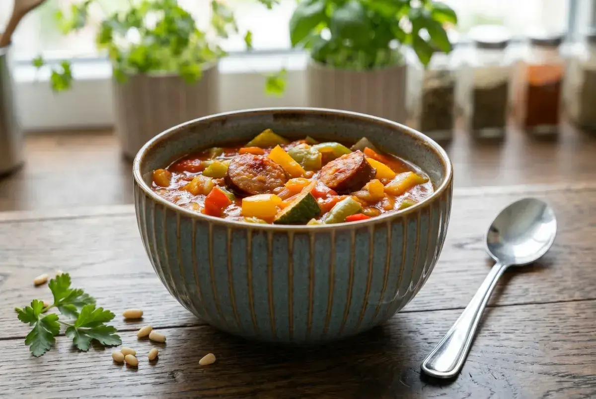 Aromaticzne leczo z cukinii z kiełbasą i papryką w misce, obok łyżka i gałązka natki.