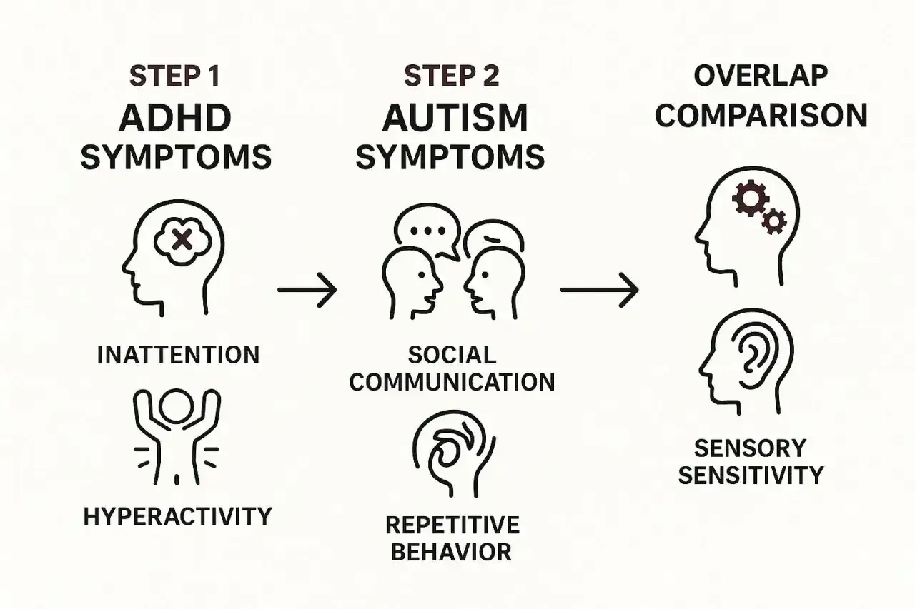Porównanie objawów ADHD u dorosłych i autyzmu: nieuwaga, nadpobudliwość, komunikacja społeczna, powtarzalne zachowania, nadwrażliwość sensoryczna.