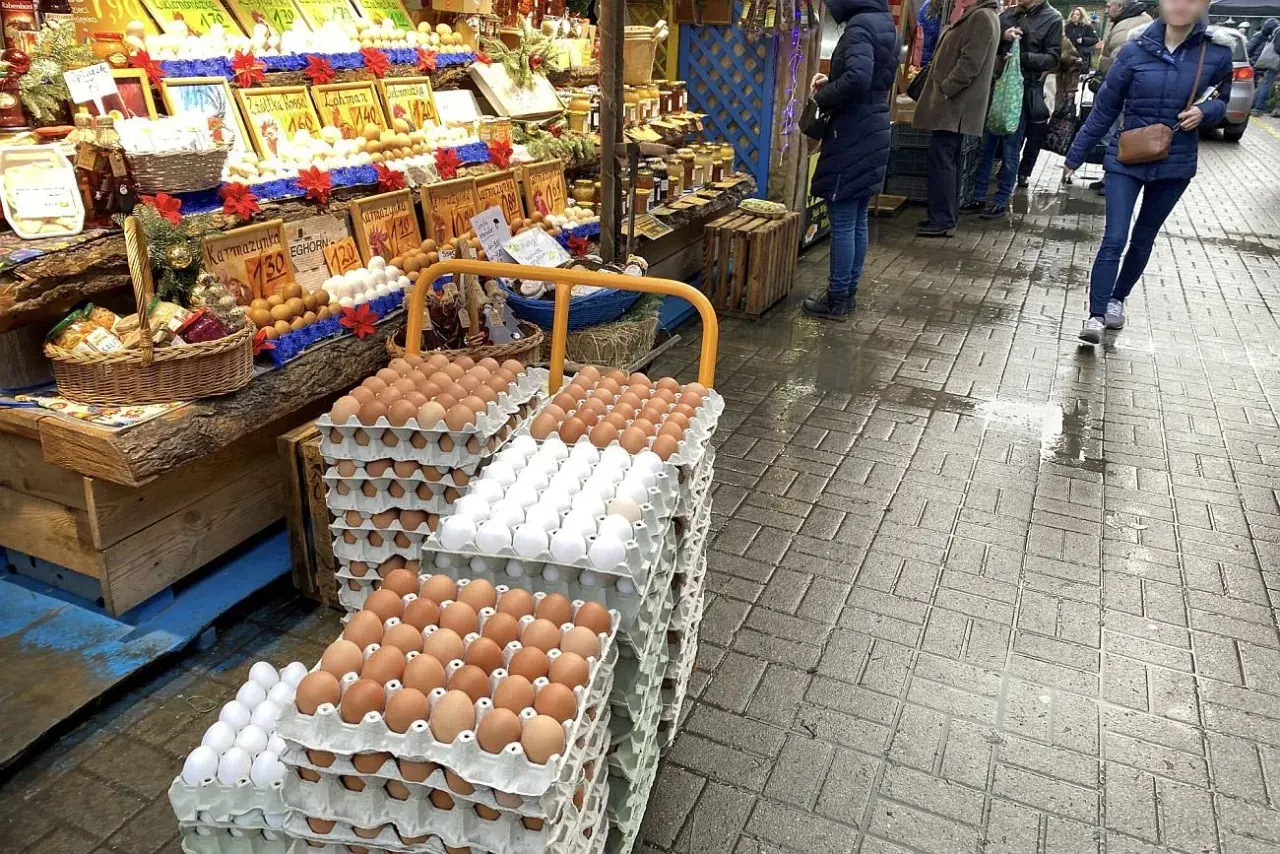 Duże stosy jajek na targu. Widać różne rodzaje i kolory, a także ceny.