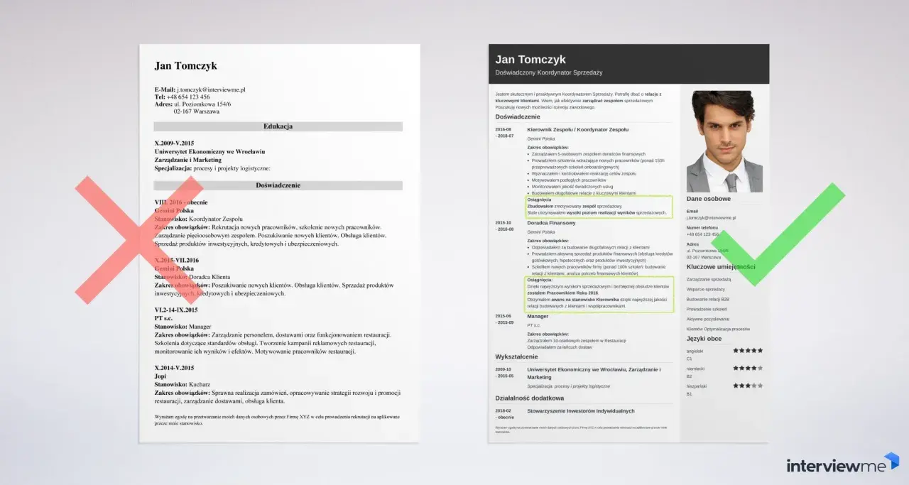 CV Jana Tomczyka z jego zdjęciem, danymi kontaktowymi i podsumowaniem doświadczenia.