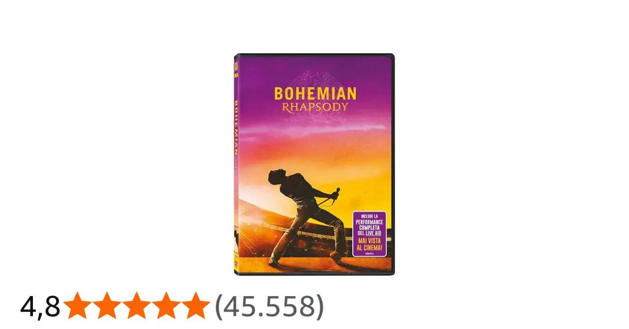 Copertina DVD "Bohemian Rhapsody" con Freddie Mercury sul palco. La recensione del film è molto positiva, con 4,8 stelle.