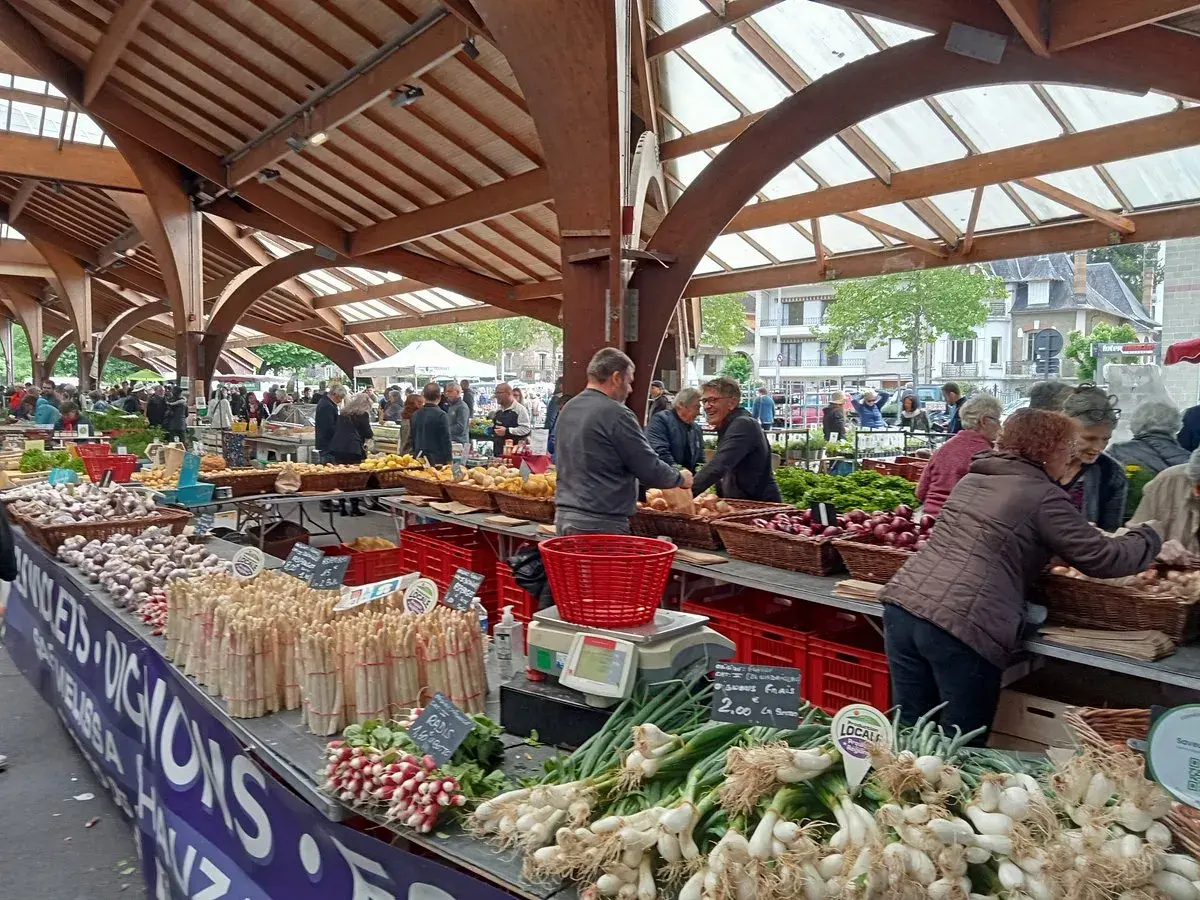Marché animé à Brive-la-Gaillarde, avec des étals colorés de légumes frais. Idéal pour savoir que faire à Brive-la-Gaillarde !