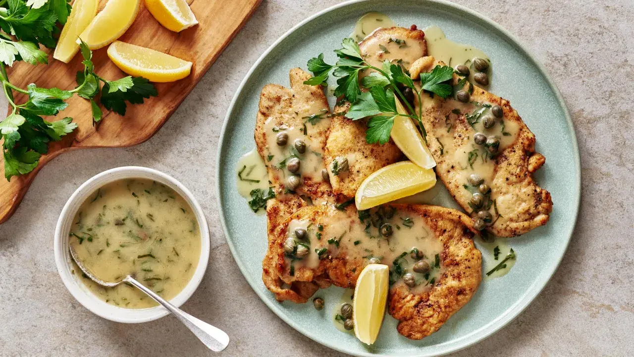 Délicieux piccata de poulet, nappé d'une sauce crémeuse aux câpres et garni de persil frais et de quartiers de citron.