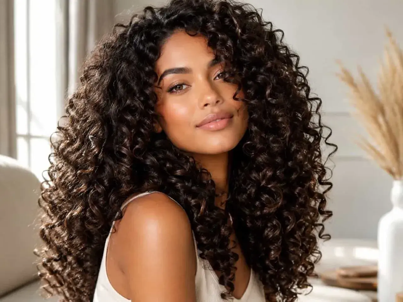 Donna con capelli ricci e lucenti, un esempio di perfetta cura dei capelli ricci.