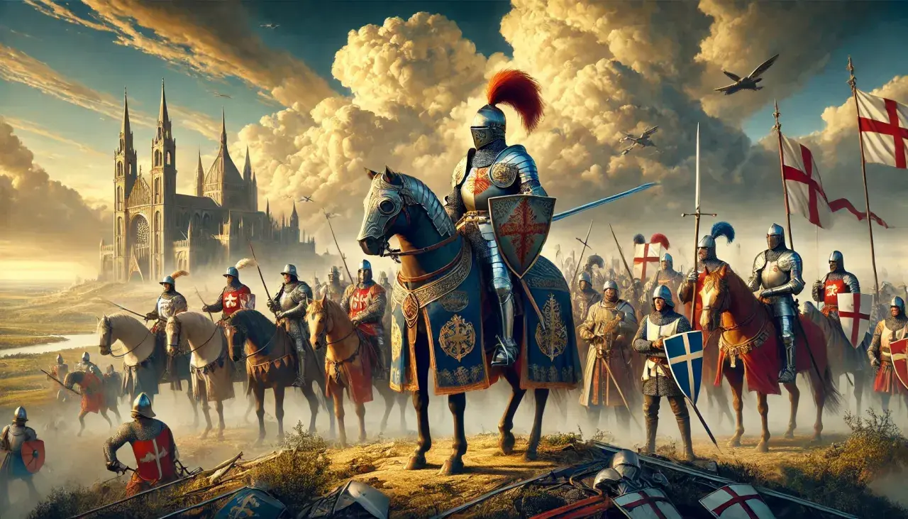 Riddare i rustning, ledda av en figur som påminner om kung Artur, rider mot ett storslaget slott under en dramatisk himmel.