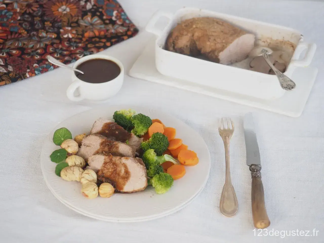 Tranches de filet mignon, accompagnées de légumes verts et de carottes, nappées d'une sauce savoureuse. La cuisson parfaite du filet mignon est mise en valeur.