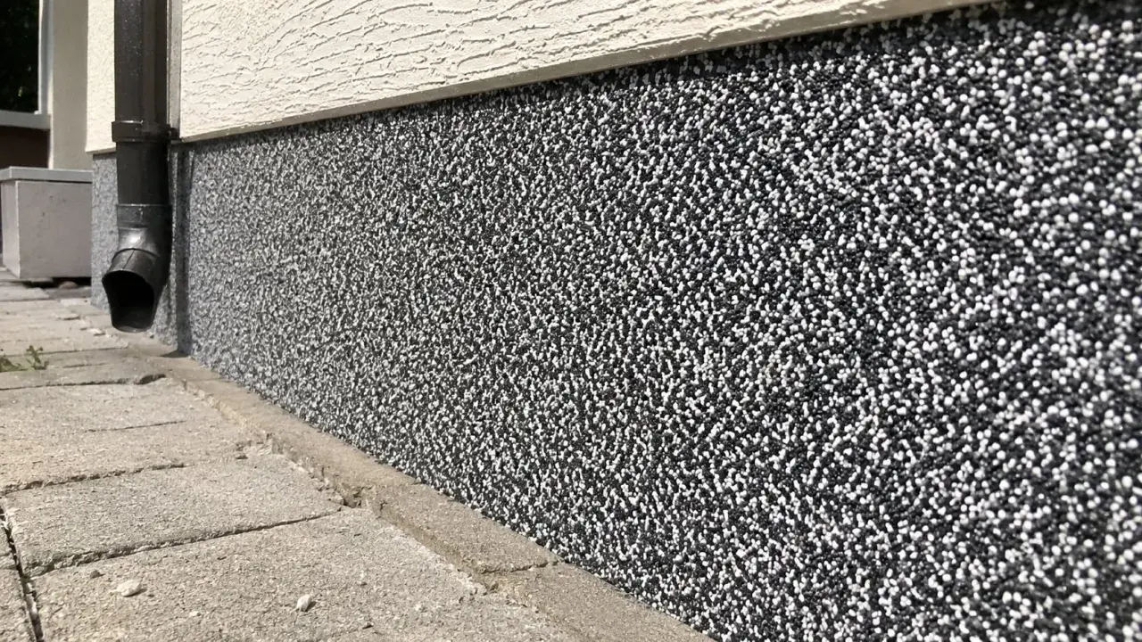 Nowoczesny marmolit na elewacji, w odcieniach czerni i bieli, tworzy ciekawy wzór.
