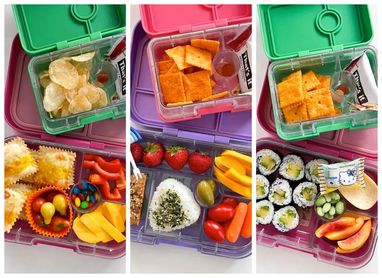 Creative bento box ideas: chips, crackers, ravioli, sushi, fruit, veggies, and candy.
