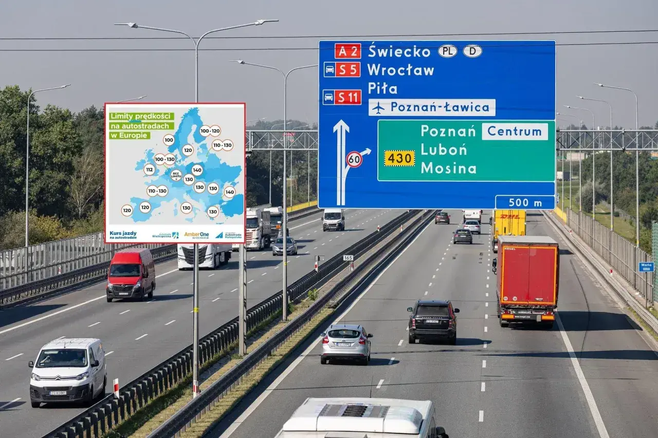 Jazda z przyczepą po autostradzie A2 w kierunku Poznania. Obok tablica z limitami prędkości w Europie.