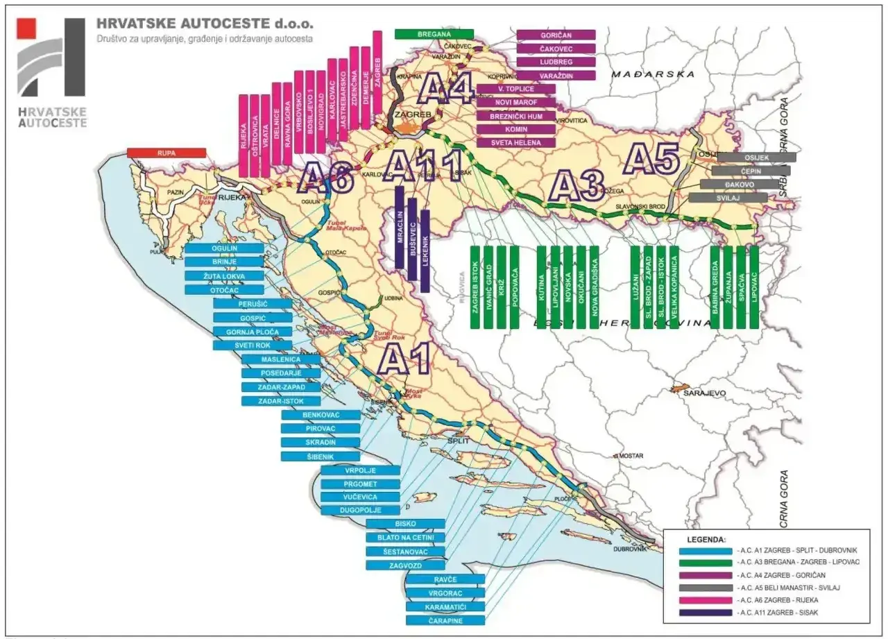 Mapa autostrad Chorwacji z zaznaczonymi trasami A1, A3, A4, A5, A6 i A11. Winieta Chorwacja.
