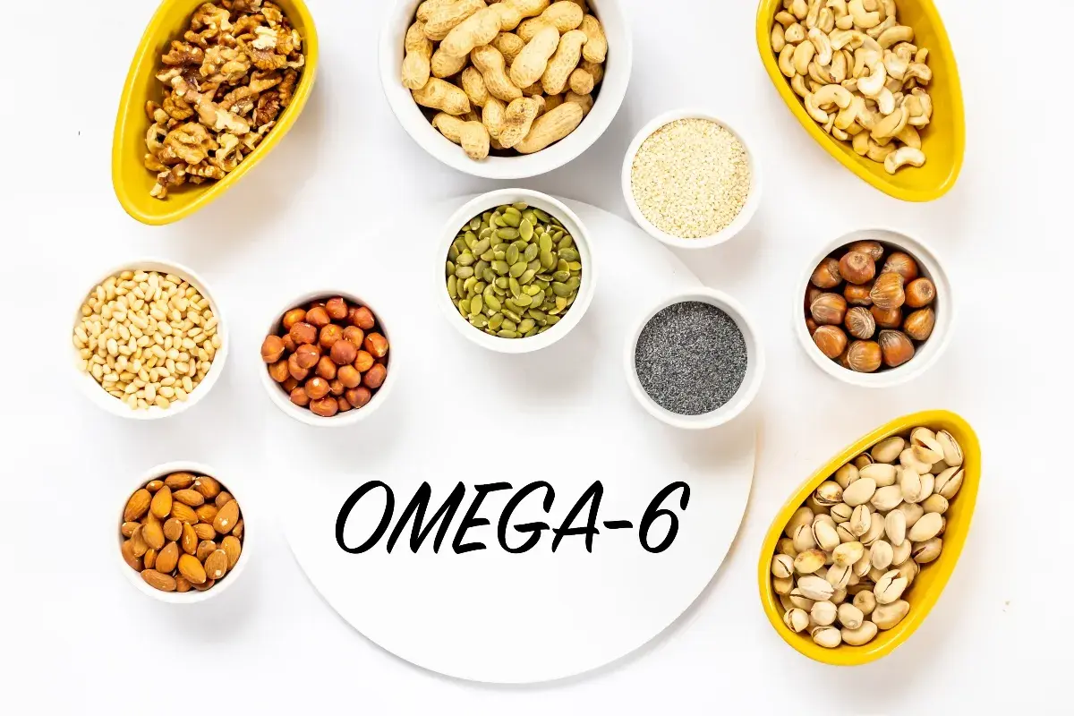 Noci, semi e arachidi, ricchi di omega 6, disposti in ciotole su sfondo bianco.