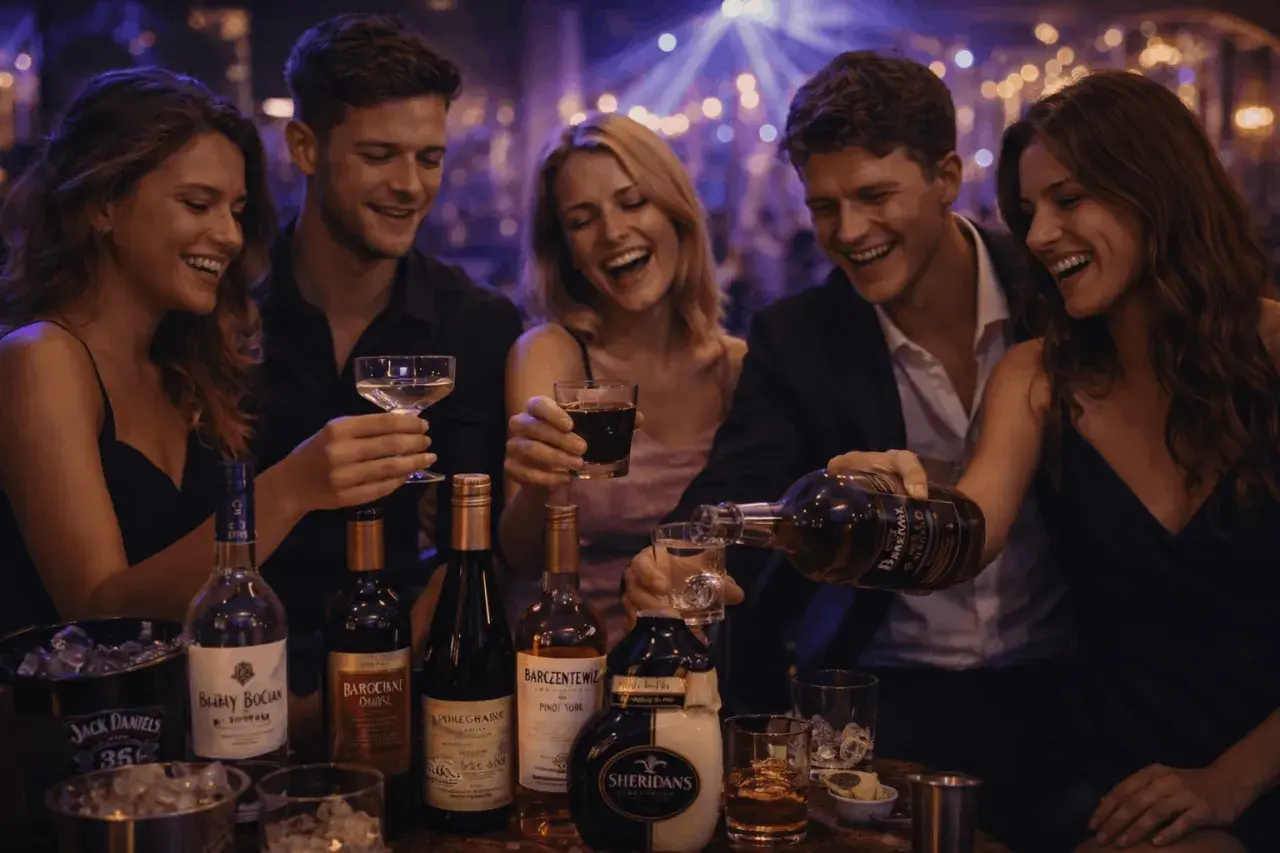 Grupa przyjaciół śmieje się, pijąc drinki i nalewając Sheridansa w barze.