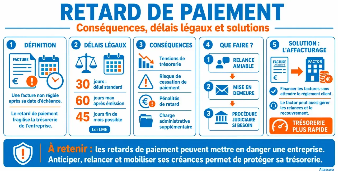 Infographie sur le retard de paiement : définition, délais légaux, conséquences, actions et solution d'affacturage. La date d'échéance est cruciale.