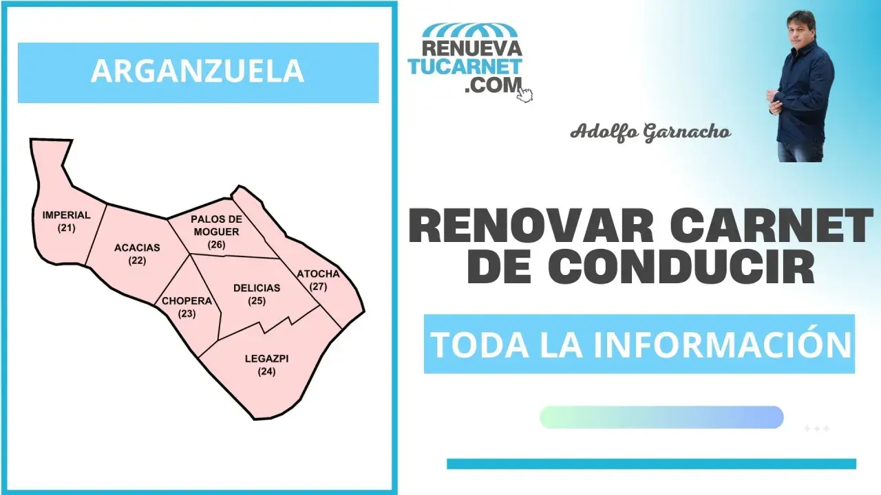 Mapa de Arganzuela con barrios y texto sobre renovar carnet de conducir. Información útil para trámites.