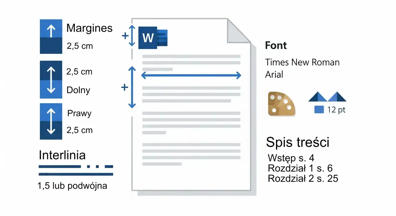 Ustawienia dokumentu: marginesy 2,5 cm, czcionka Times New Roman/Arial 12 pkt, interlinia 1,5 lub podwójna. Spis treści zawiera wstęp i rozdziały. To podstawa do stworzenia bibliografii.