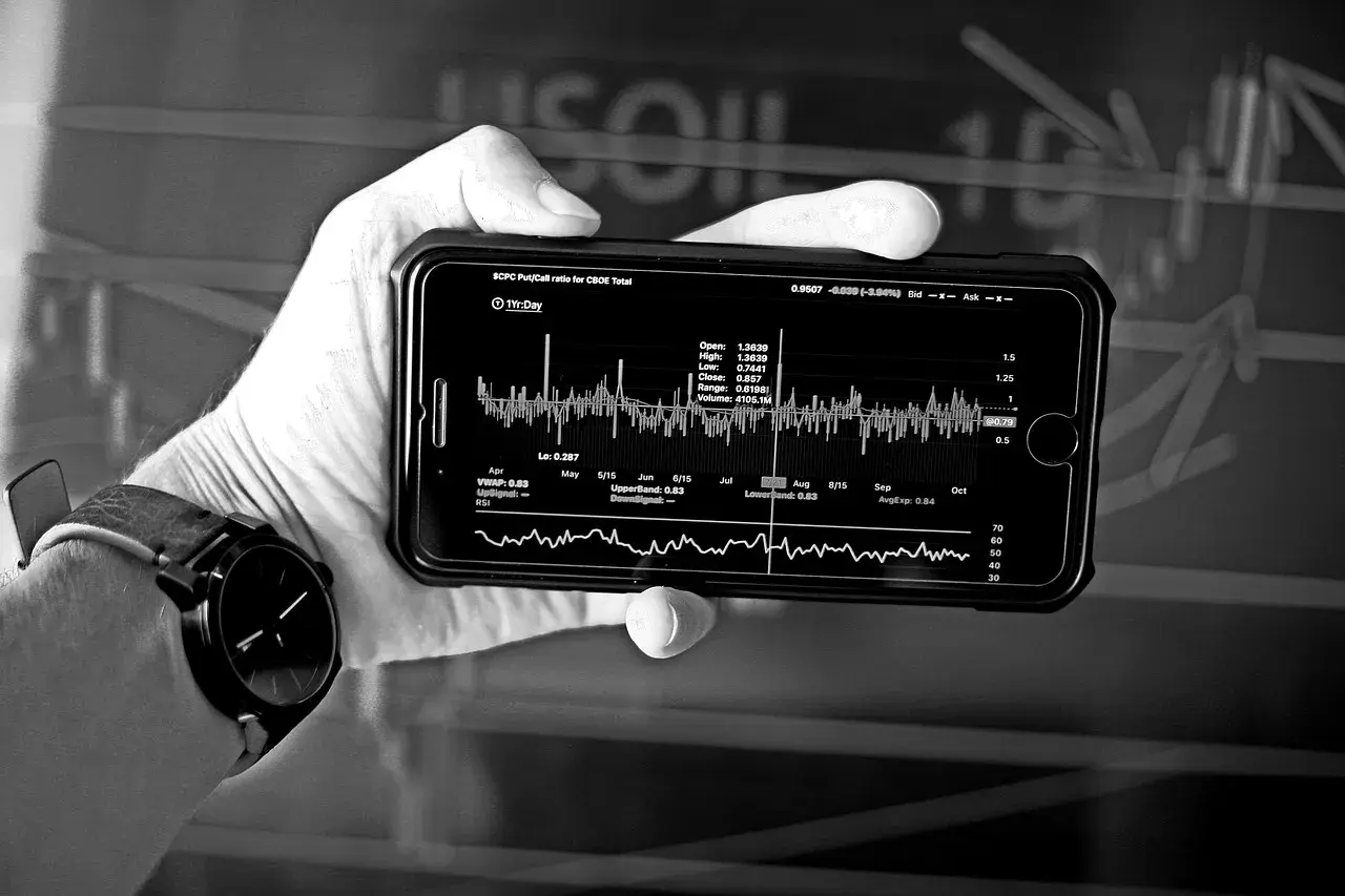 Dłoń trzyma smartfon z wykresem finansowym, analizującym strategię DCA. Widoczne dane rynkowe i wskaźniki.
