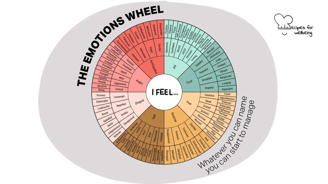 Rueda de las emociones para imprimir, con categorías como alegría, miedo, tristeza y sorpresa.