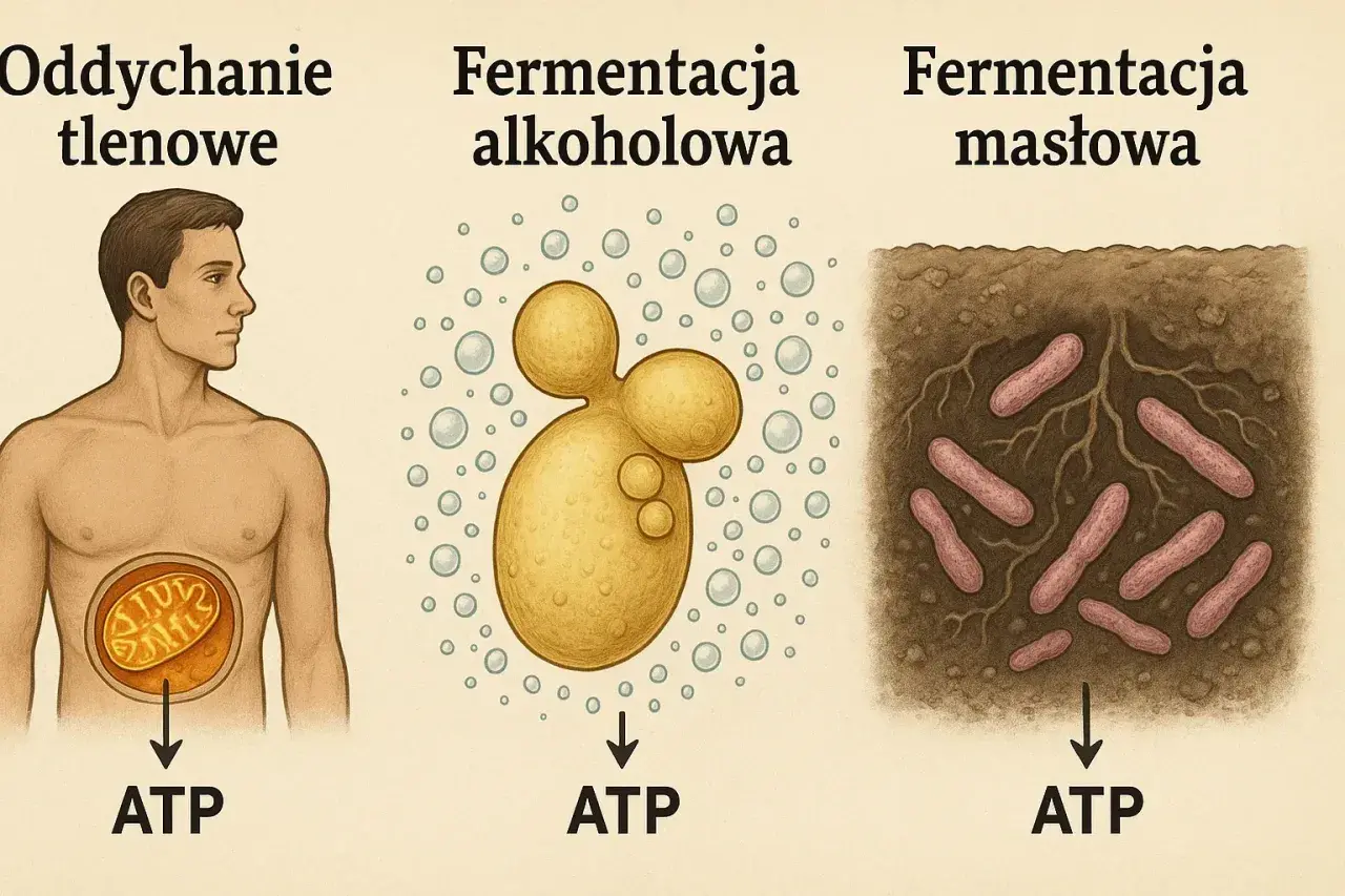 Ilustracja porównująca oddychanie tlenowe (człowiek z mitochondrium), fermentację alkoholową (drożdże z bąbelkami) i fermentację masłową (pałeczki w glebie).