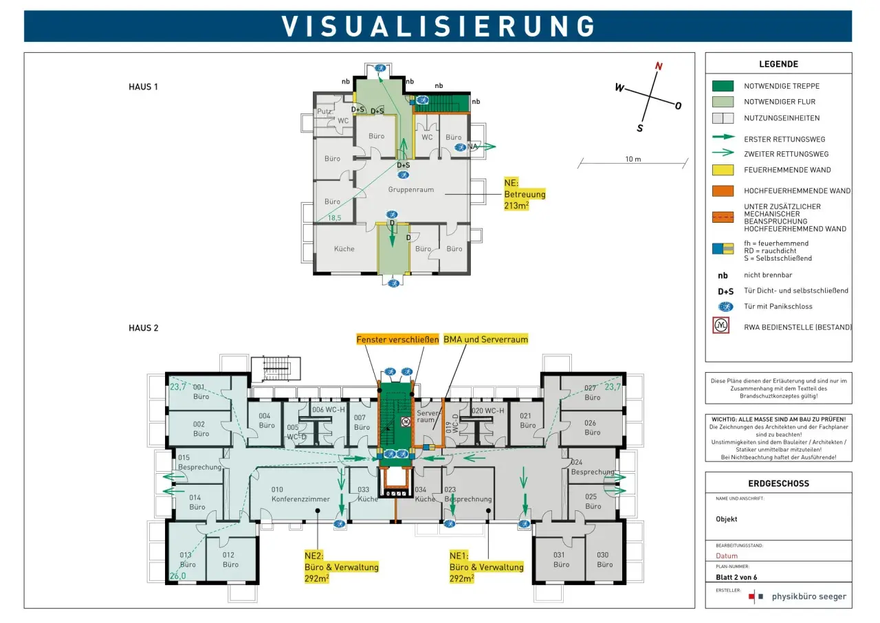 Grundriss mit Legende für brandschutz nachweis. Zeigt Fluchtwege, Wände und Türen in Haus 1 und 2.
