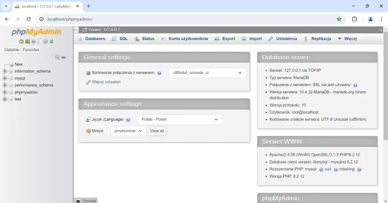 Interfejs phpMyAdmin, pokazujący ustawienia ogólne i serwera. Widzimy tu m.in. wersję serwera MariaDB i Apache.