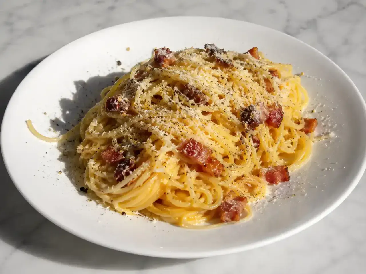En portion krämig pasta carbonara med knapriga bitar av pancetta och rikligt med riven parmesanost.