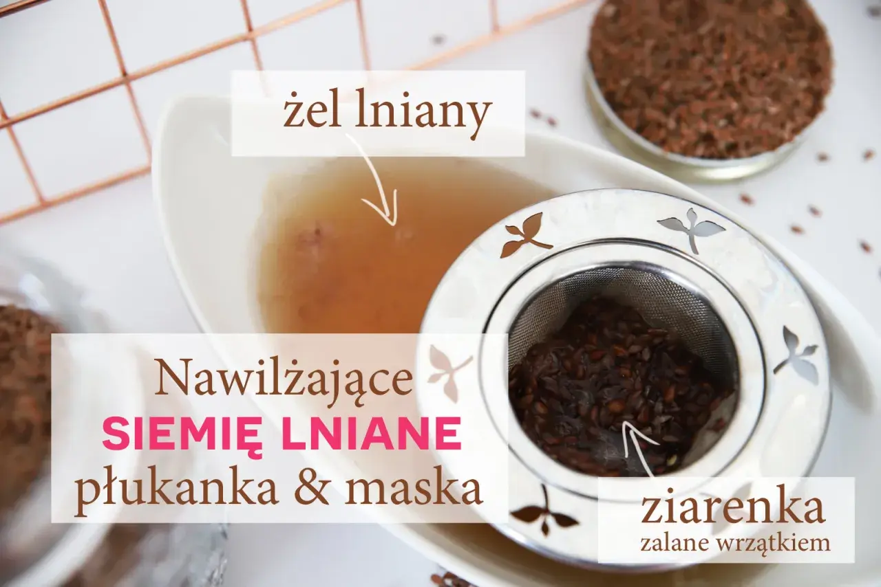 Żel lniany w miseczce, sitko z nasionami lnu zalanych wrzątkiem.