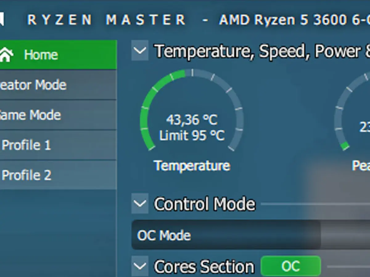 Ryzen Master pokazuje, ile stopni powinien mieć procesor. Aktualna temperatura to 43,36°C, limit 95°C.