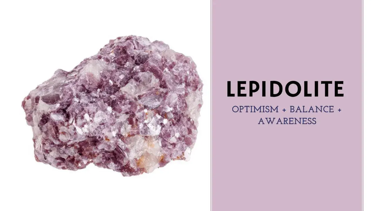 Cristal de lepidolita morado, conocido por sus propiedades de optimismo, equilibrio y conciencia.