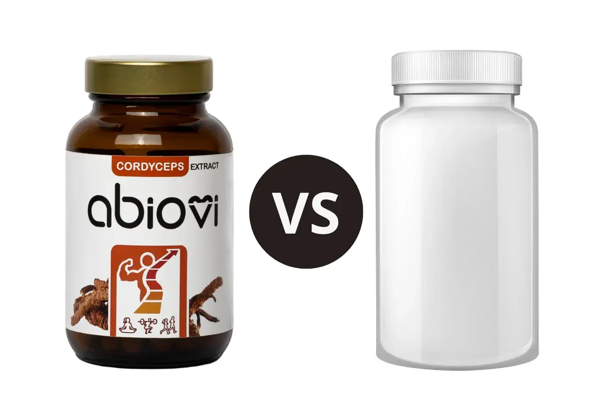 AbioVi Cordyceps Extract - wsparcie dla energii i witalności. Porównanie z białym opakowaniem.