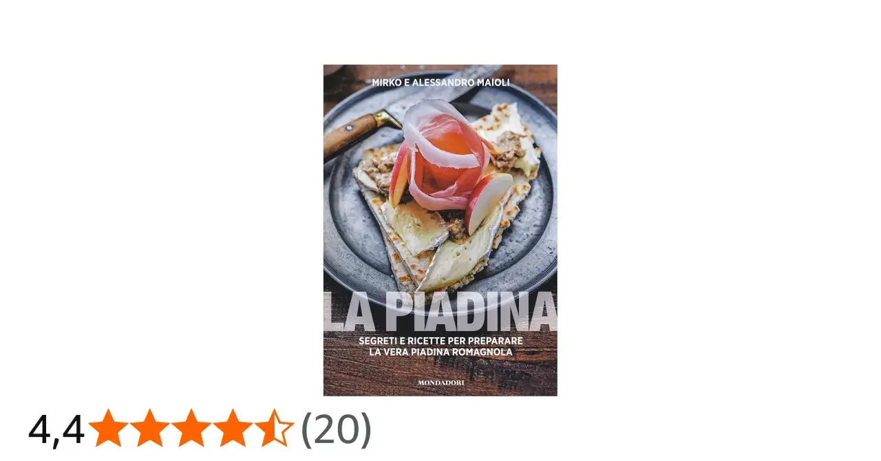 Copertina del libro "La Piadina", un piatto tipico di Rimini, con una piadina farcita su un piatto di metallo.