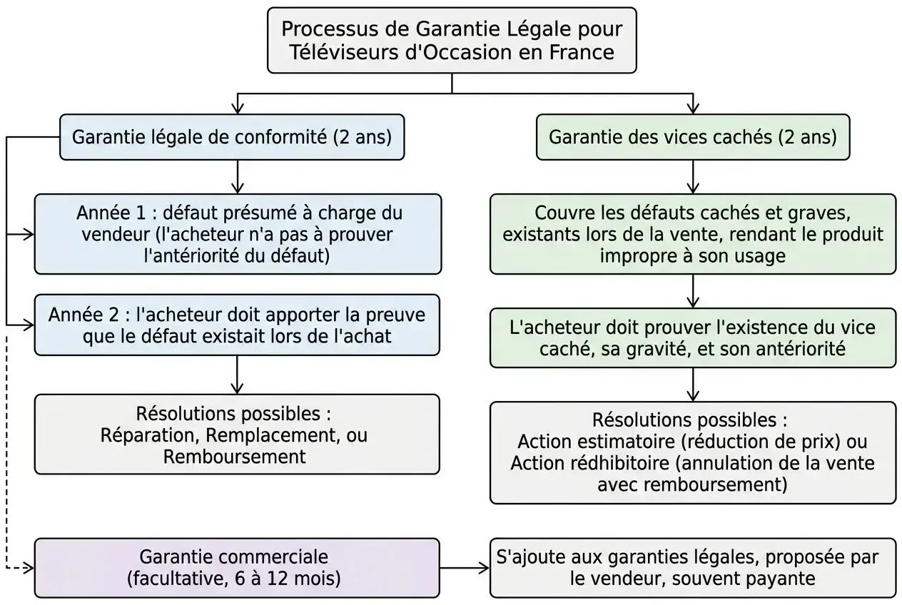 Schéma du processus de garantie légale pour téléviseurs d'occasion. En cas de produit défectueux, les résolutions possibles sont réparation, remplacement ou remboursement.