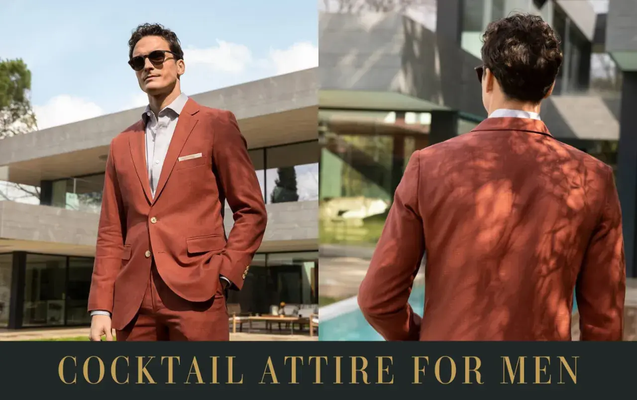 Mann in einem rostbraunen Anzug, perfekt für den **dresscode cocktail**. Stilvoll und modern, mit Sonnenbrille.