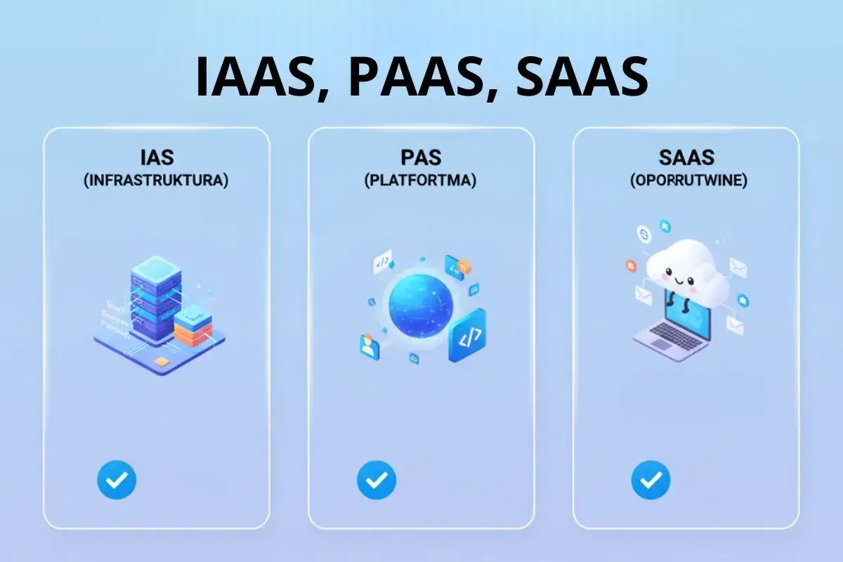 Uśmiechnięta chmura warstwowa z laptopem symbolizuje SaaS. Obok serwery (IaaS) i glob z kodem (PaaS).