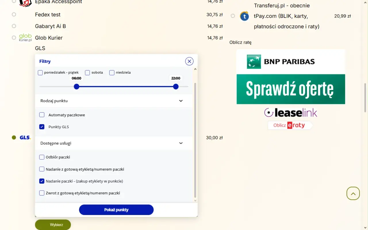 Filtrowanie punktów nadania GLS: zaznaczone "Punkty GLS" i "Nadanie paczki - (zakup etykiety w punkcie)".