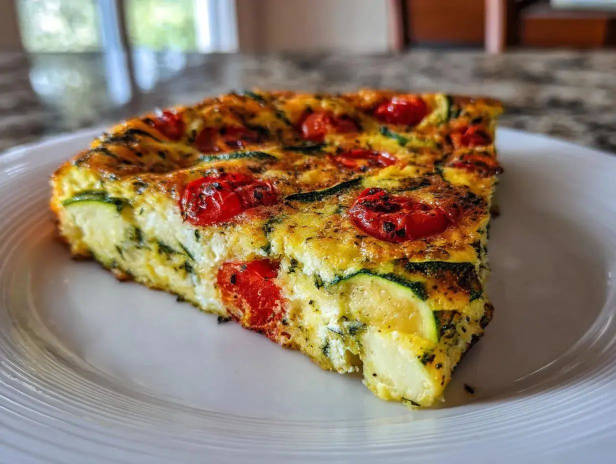 Pyszna frittata z cukinią i pomidorkami koktajlowymi na białym talerzu. Idealna na lekki posiłek.