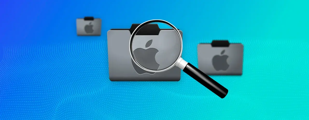 Lupa powiększa ikonę folderu z logo Apple, symbolizując funkcję finder w systemie macOS.