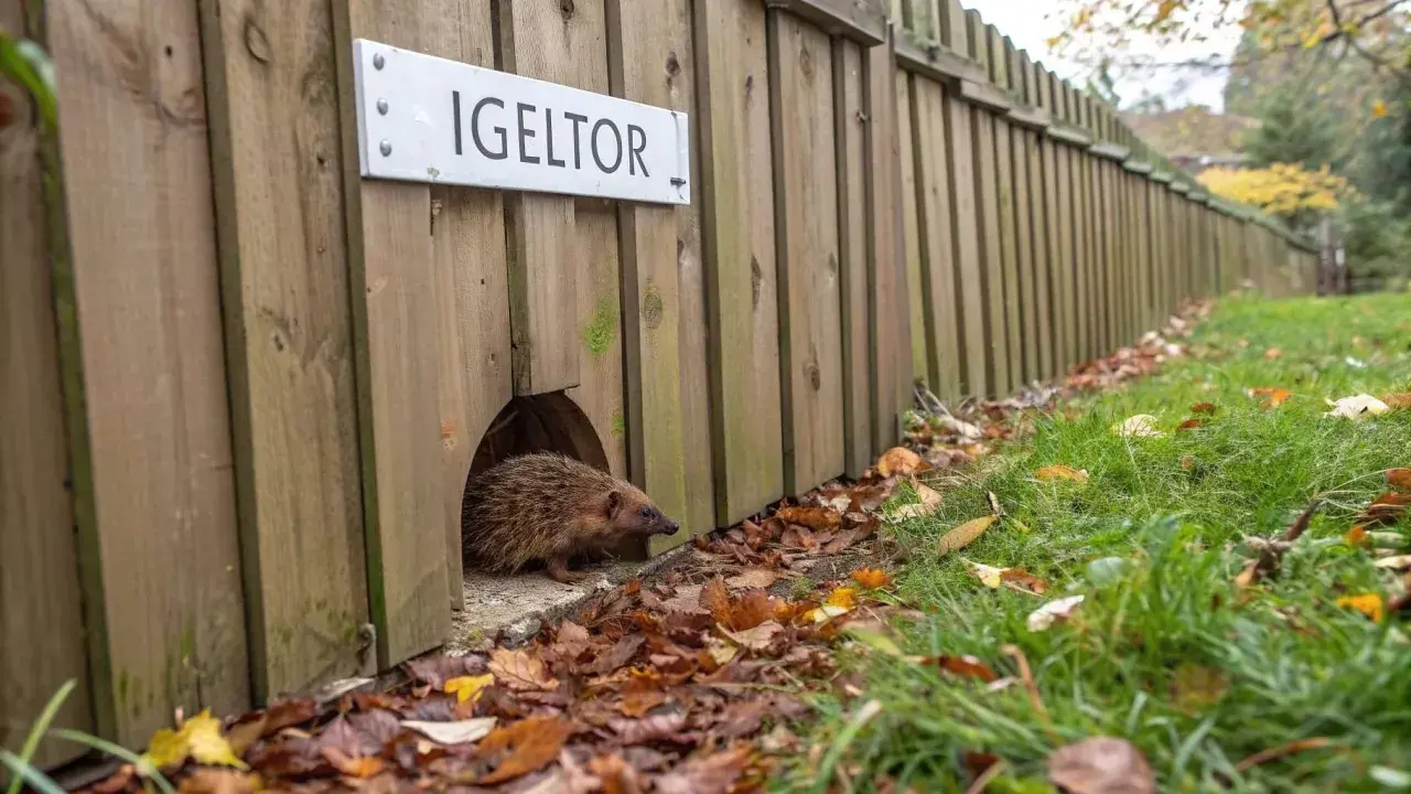 Ein Igel nutzt den "Igel-Tor"-Durchgang im Zaun, um in den Garten zu gelangen.