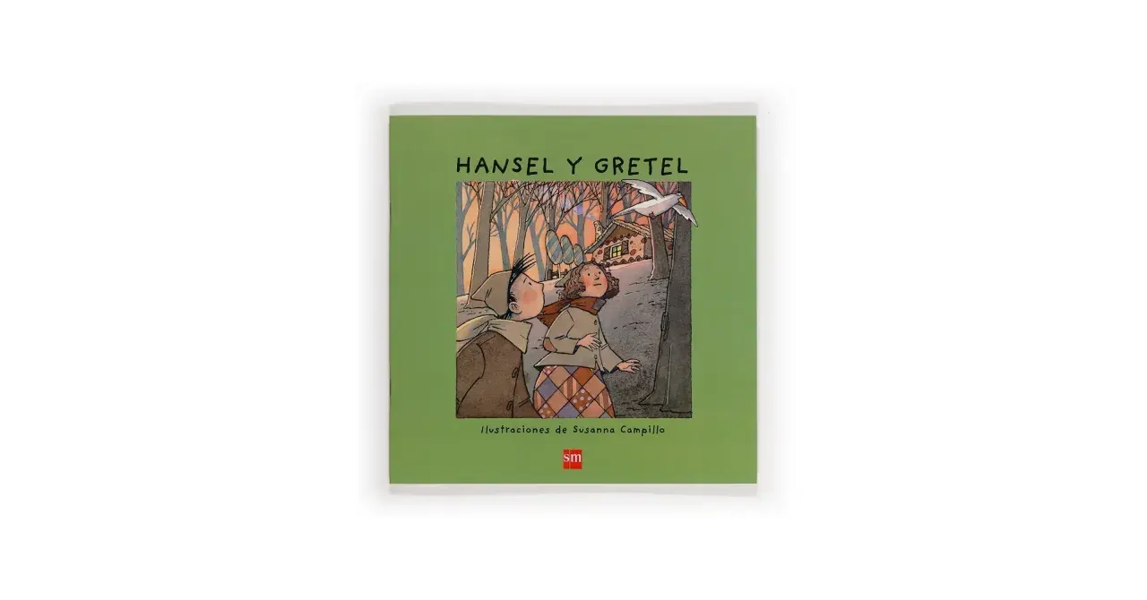 Hansel y Gretel, dos niños perdidos en el bosque, miran con asombro una casa de dulces y un pájaro blanco.