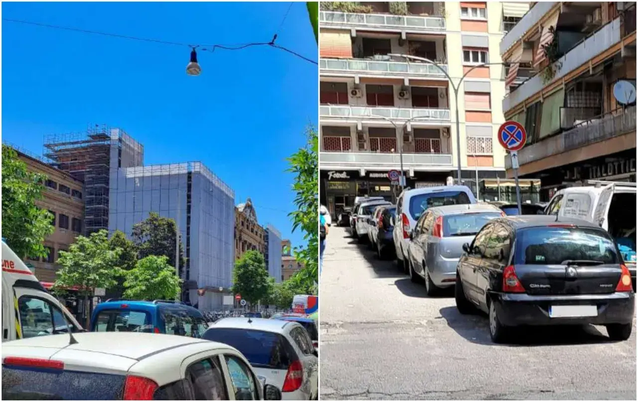 Parcheggio scambiatore Roma: auto in fila su strada urbana con edifici residenziali e un cantiere.