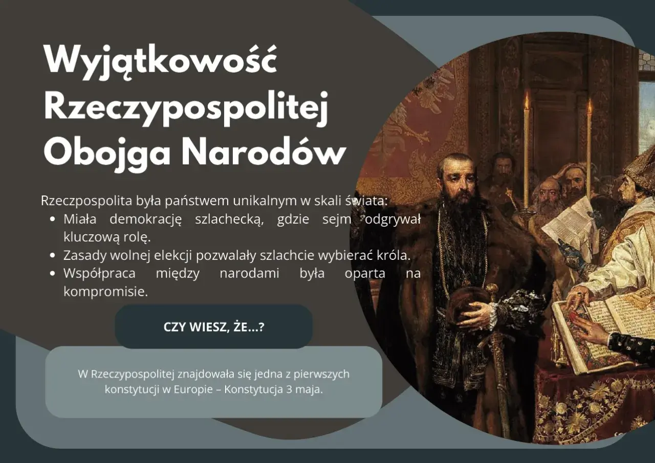 Obraz przedstawia scenę historyczną związaną z Unią Lubelską, ukazującą unikalność Rzeczypospolitej Obojga Narodów, jej demokrację szlachecką i wolną elekcję.