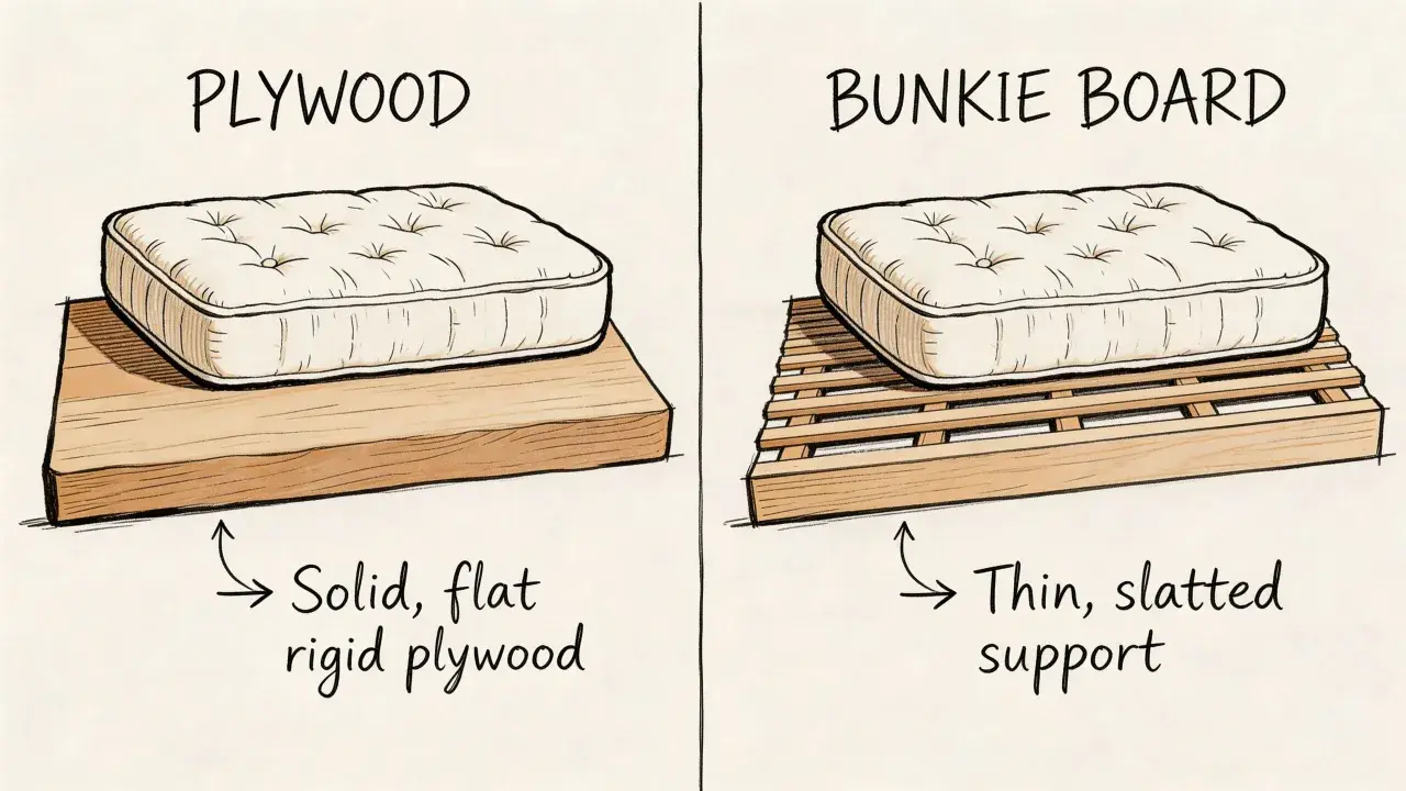 Illustration comparing a mattress on solid plywood, labeled "Solid, flat rigid plywood," to a mattress on a slatted bunkie board, labeled "Thin, slatted support." This may help with back pain.
