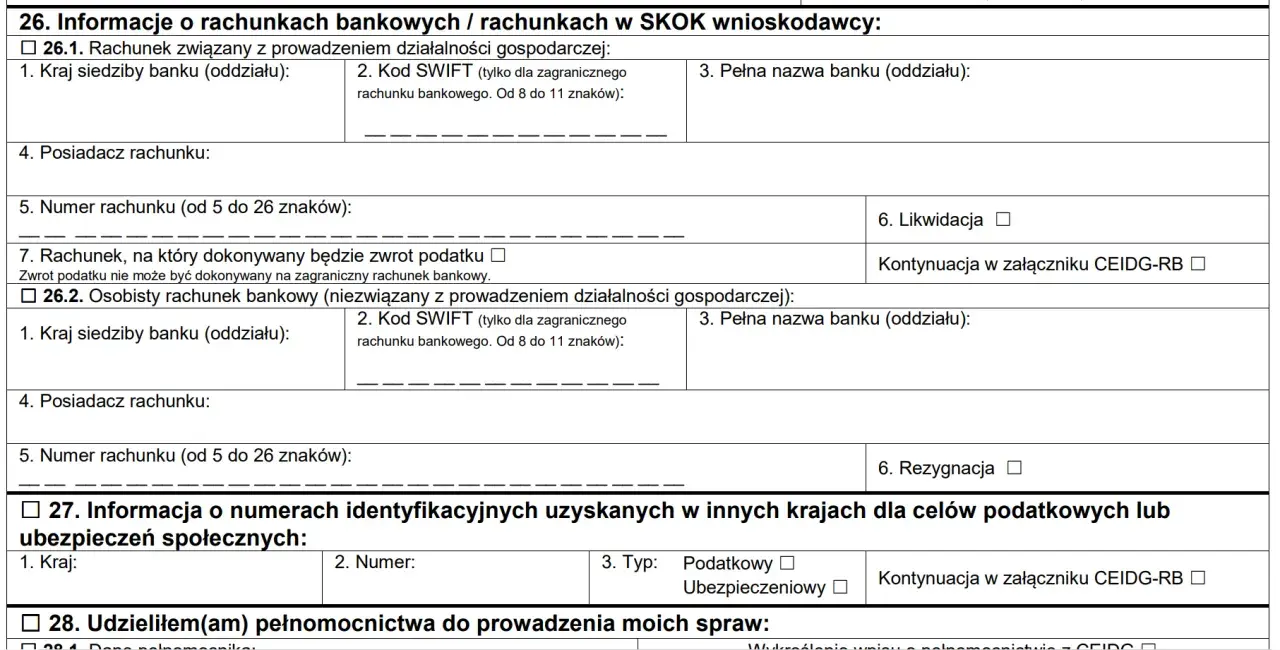 Formularz CEIDG-RB: sekcja 26. Informacje o rachunkach bankowych. Wpisz dane rachunku firmowego lub osobistego.