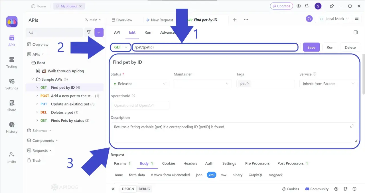 Interface de gestion des **endpoints API** : configuration d'une requête GET pour trouver un animal par son ID.