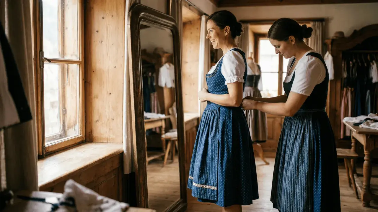 Eine Frau hilft einer anderen, ihr Dirndl zu schnüren. Sie stehen vor einem großen Spiegel in einem rustikalen Raum.