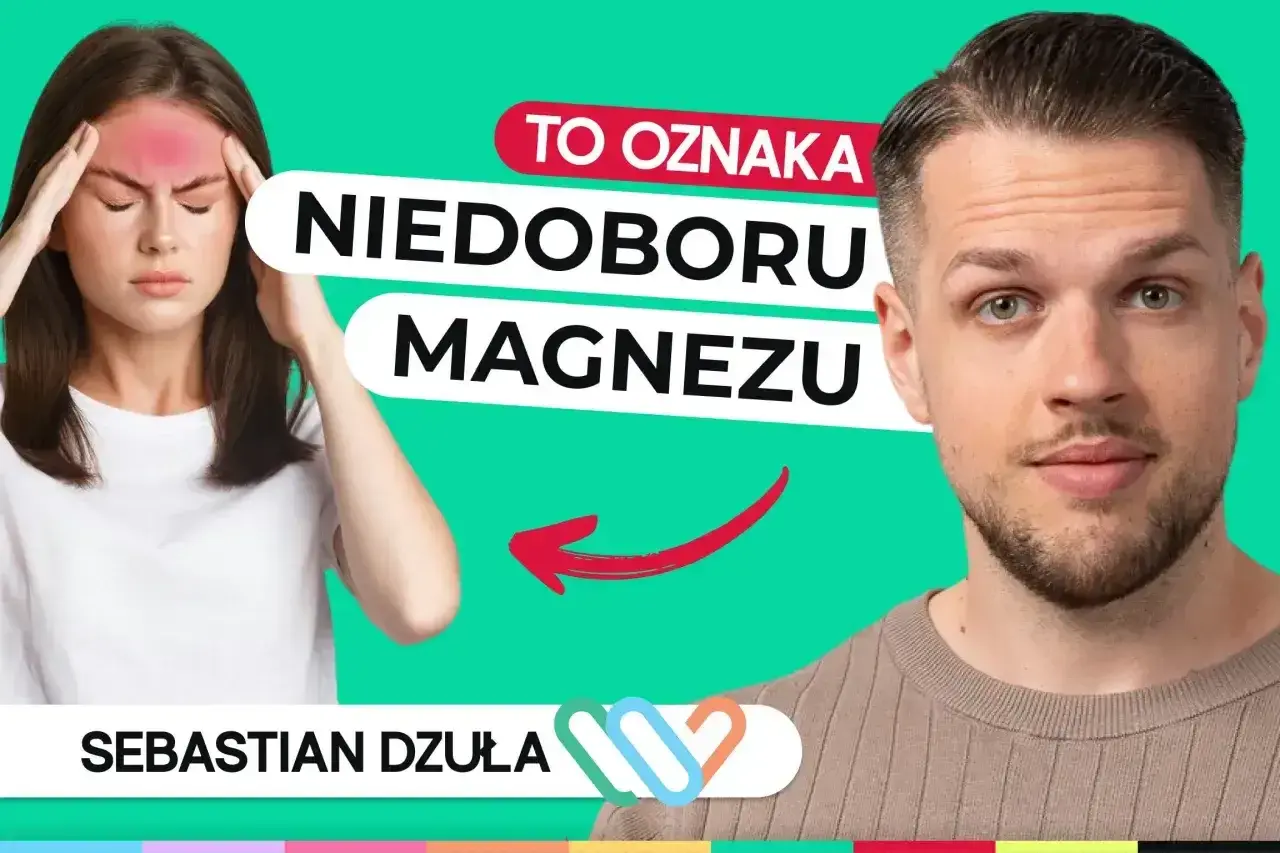 Kobieta z bólem głowy, wskazujący na objawy niedoboru magnezu. Obok mężczyzna, Sebastian Dżuła.