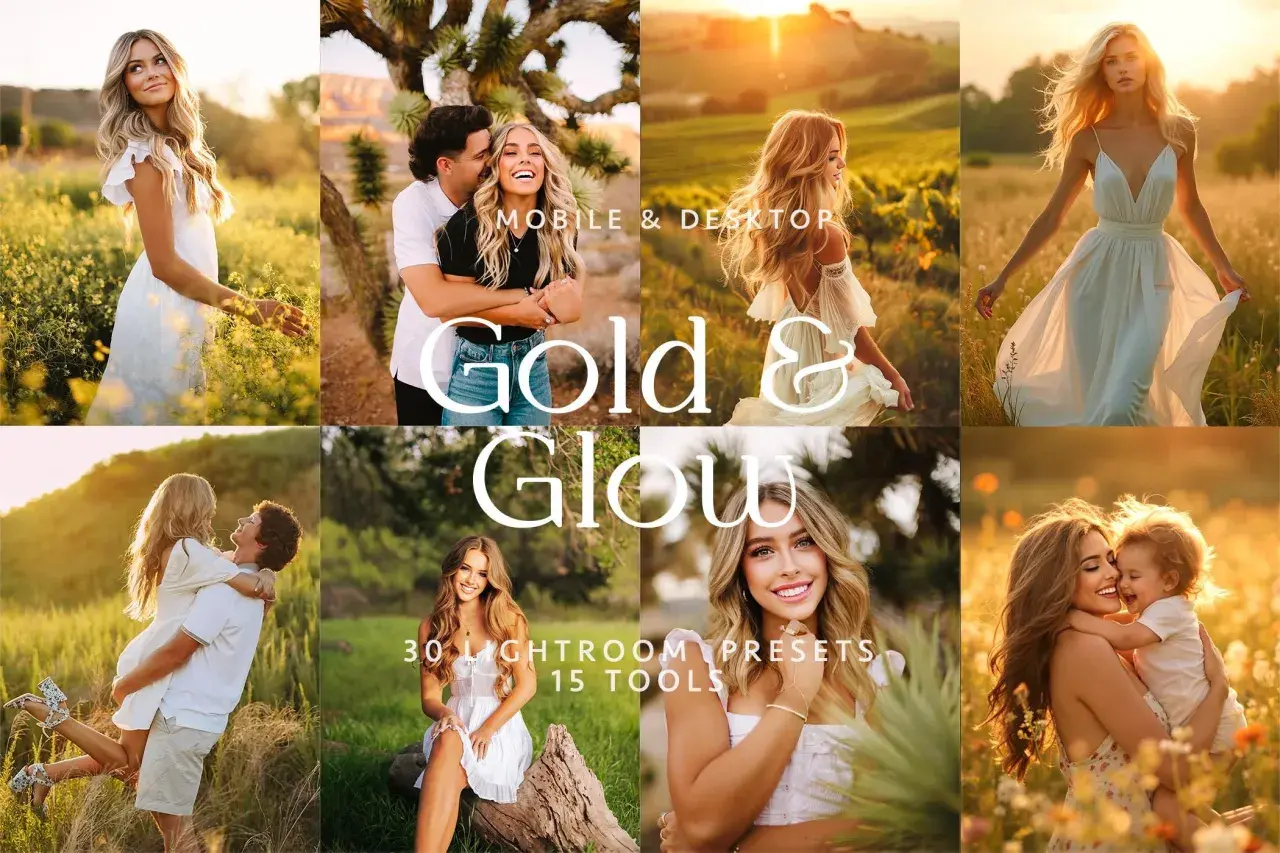 Kolaż zdjęć z sesji w złotym świetle. Dowiedz się, co to presety i jak uzyskać efekt "Gold & Glow" w Lightroom.