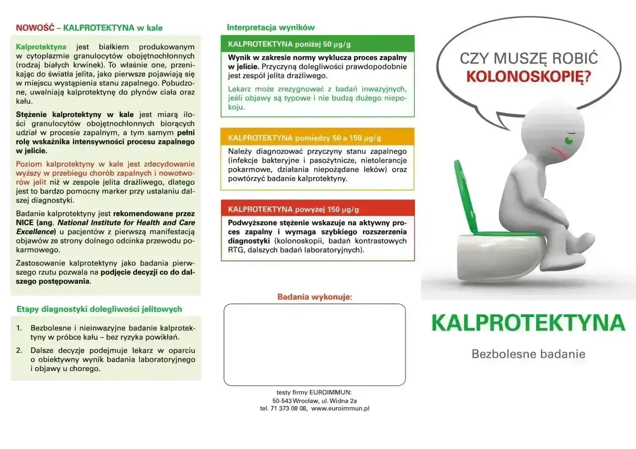 Badanie kału na kalprotektynę. Wyniki interpretowane w kontekście zapalenia jelit, kolonoskopii i zespołu jelita drażliwego.